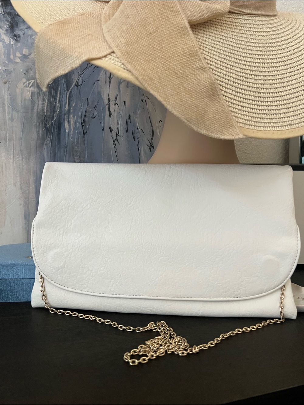 White Faux Leather Oversized Clutch with Gold Chain